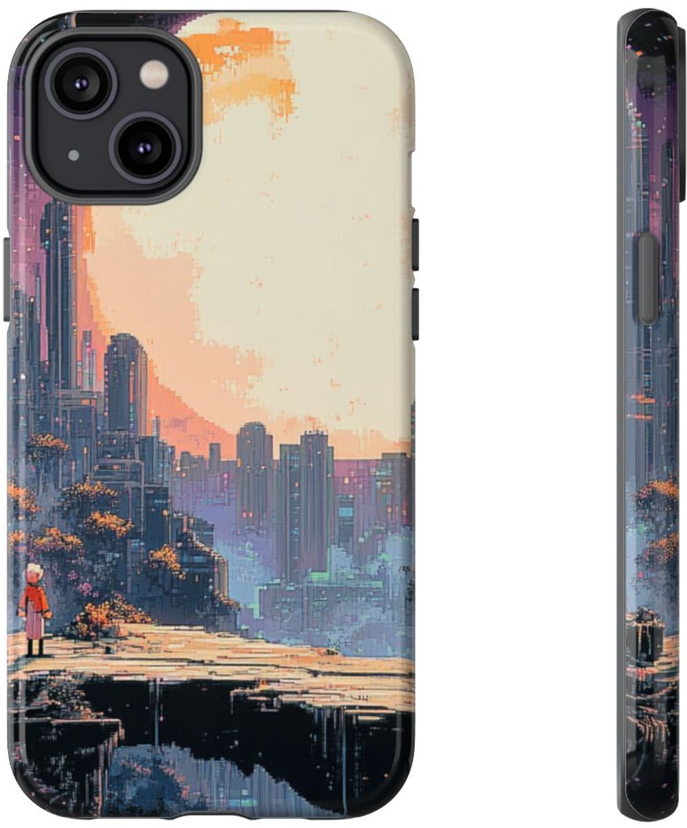 Pixel Art Stadsgezicht met Grote Maan – Telefoonhoesje Geschikt voor iPhone 14 Plus