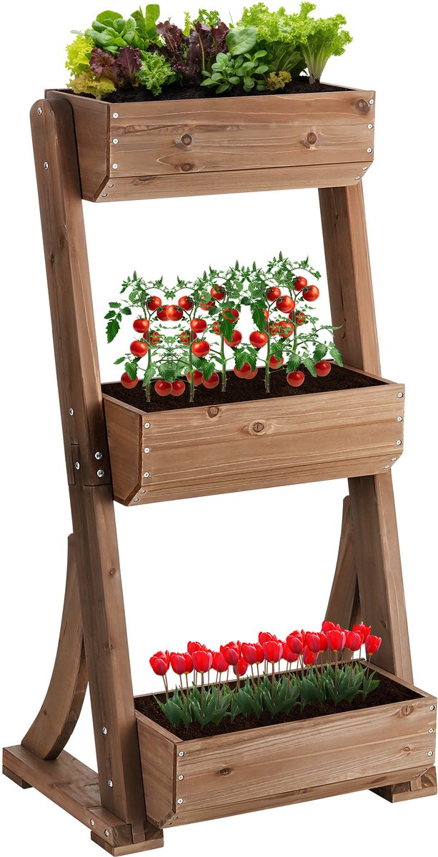 tectake® Verticale Tuin Flora - Met 3 Plantenbakken voor Bloemen, Kruiden of Groenten - Bruin - 60 x 49 x 140 cm - Kweekbak voor Moestuin - Bloembakken van Gelakt Dennenhout - Inclusief Vliesdoek/Worteldoek - Weerbestendig en Stabiel – foto 2