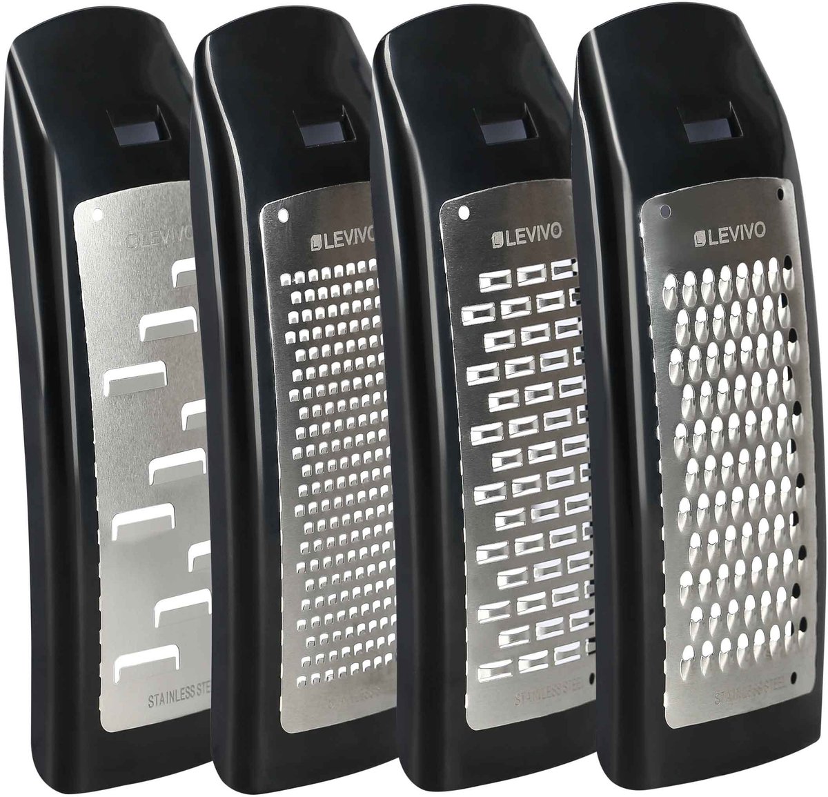 Levivo kaasrasp verlengset, 4-delig, roestvrij staal, zwart, 7,5 x 5,5 x 16,5 cm, 4 stuks