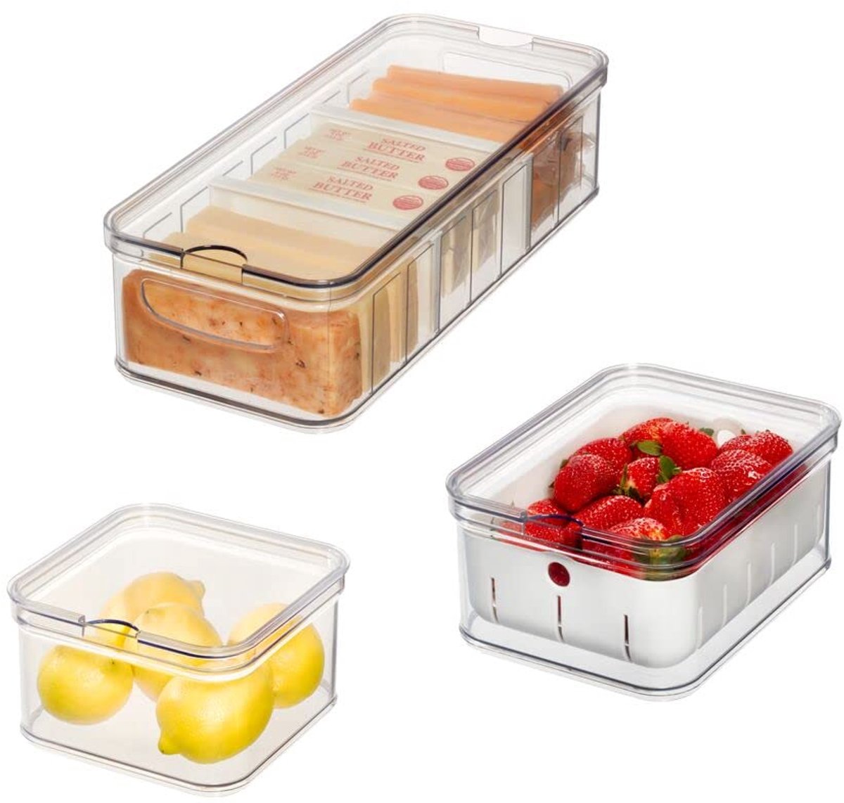 iDesign opbergdozen, koelkastorganizer met deksel in een set van 3, voedselcontainers van gerecycled plastic voor het organiseren van de voorraadkast, transparant en wit