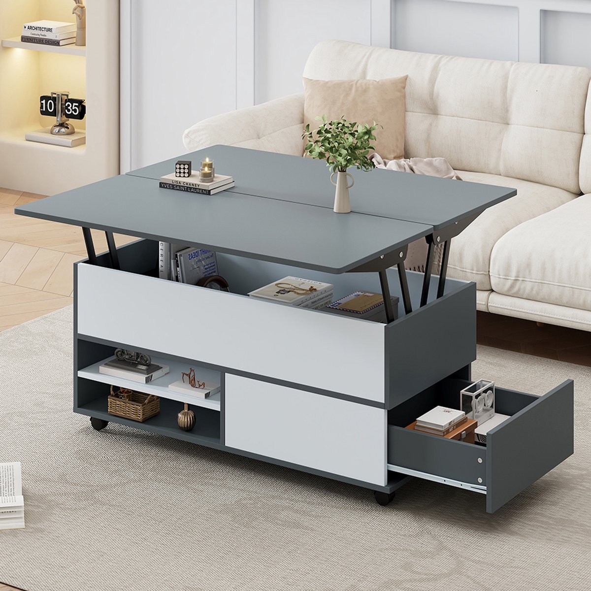 Komhtom 100*98*65cm Salontafel in hoogte verstelbare salontafel met verborgen opbergruimte en legplanksalontafel op wieltjes en met ladesmultifunctionele eettafel met veel opbergruimtegrijs-wit