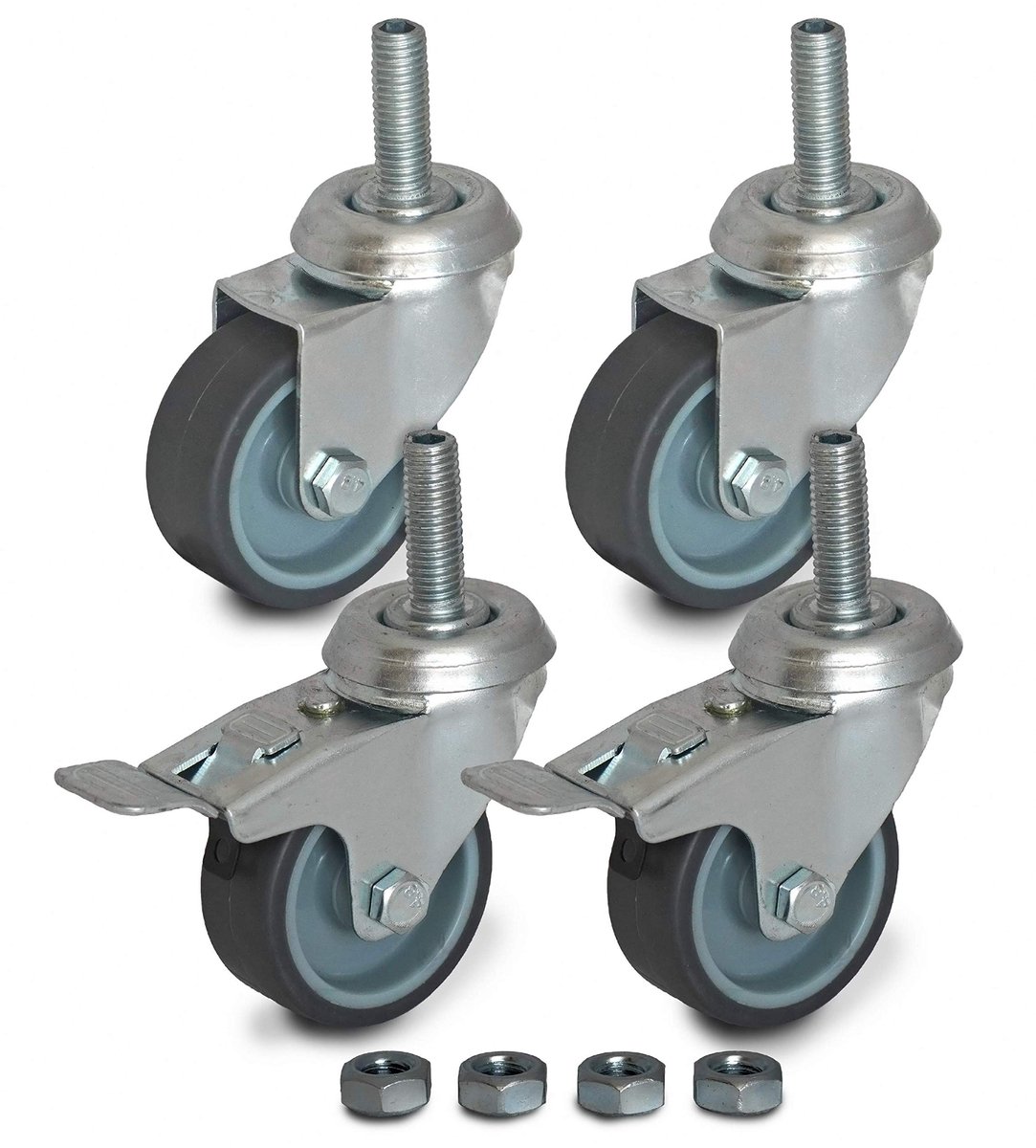 Set van 4 zwenkwielen van 50 mm met schroefbevestiging en M10-schroefdraad, inclusief reservemoeren M10 (TPR-rubber, 2 met rem / 2 zwenkwielen, modelnr. 6080/90050CK-1-x2+2)
