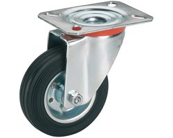 Dörner + Helmer massief rubberen zwenkwiel, 125 mm x 37 mm, draagvermogen 100 kg, plaat 100 mm x 85 mm, velg van plaatstaal, zonder rem