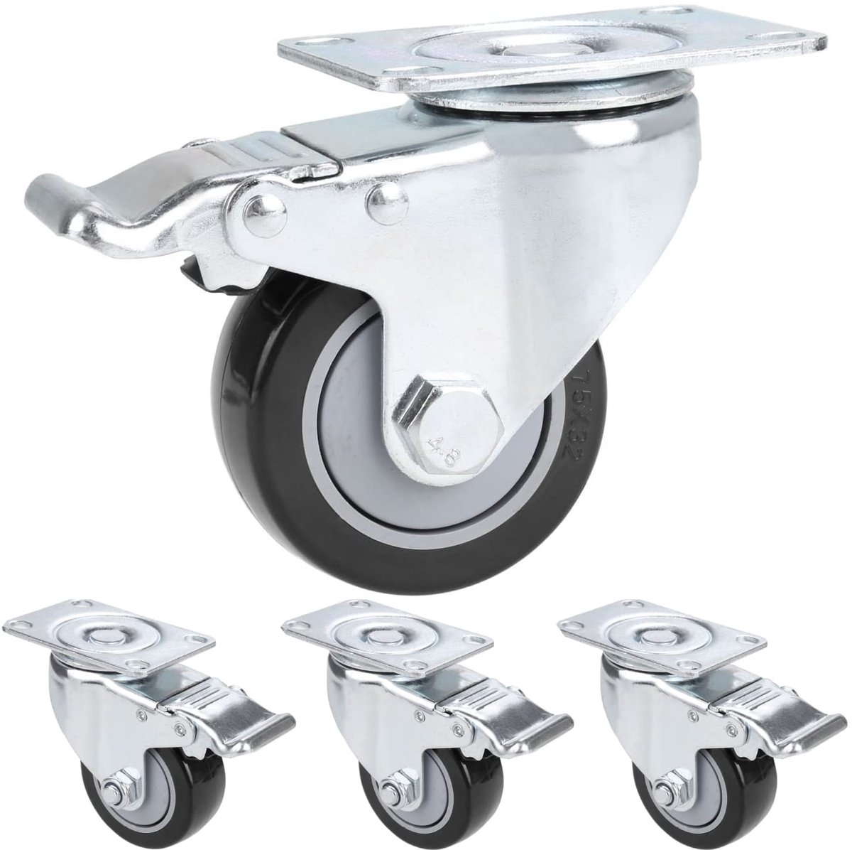 Zware wielen, transportwielenset, 4 wielen voor meubels, 75 mm zwenkwielen met rem, tot 136 kg per wiel, 360° draaibare industriële wielen voor werkbank, gereedschapswagen, pallets