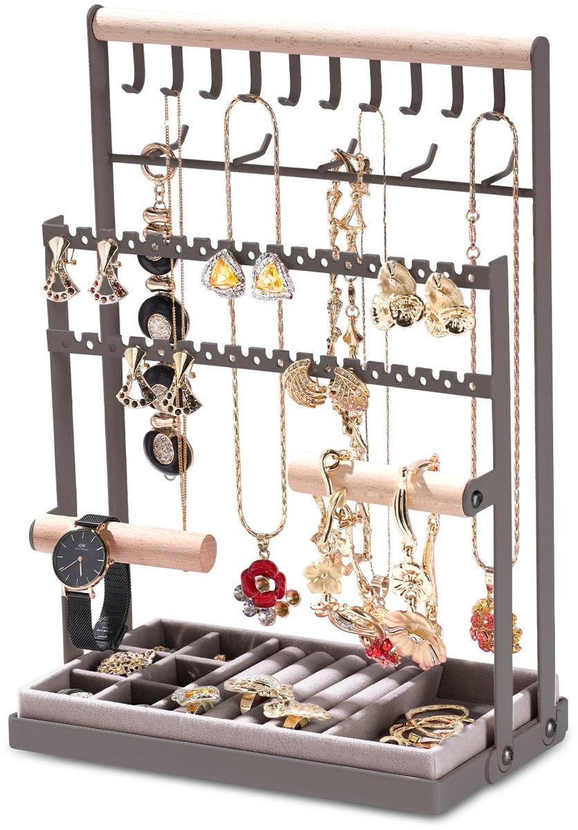 Sieradenstandaard, oorbellendisplay, sieradenhouder, sieradenboom, kettinghouder met opbergbasis, oorbellenstandaard, sieradenopslag, sieradenstandaard voor kettingen, armbanden, ringen, grijs