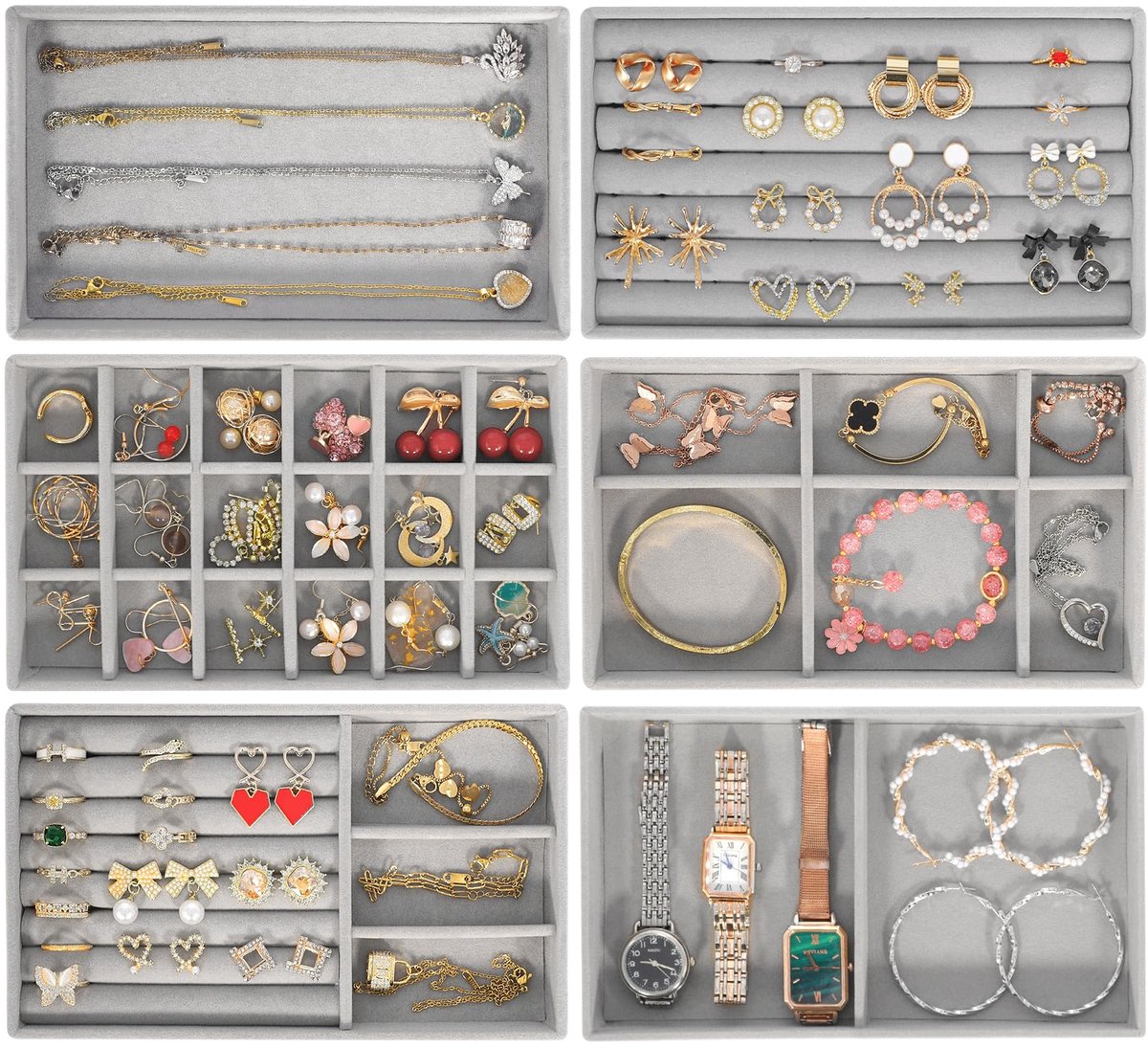 SaiXuan 6-delige sieradenladeset, sieradenorganizer voor sieradenlade en kaptafel, ringen, oorbellen, kettingen, armbanden, sieradenlade van fluweel (lichtgrijs)