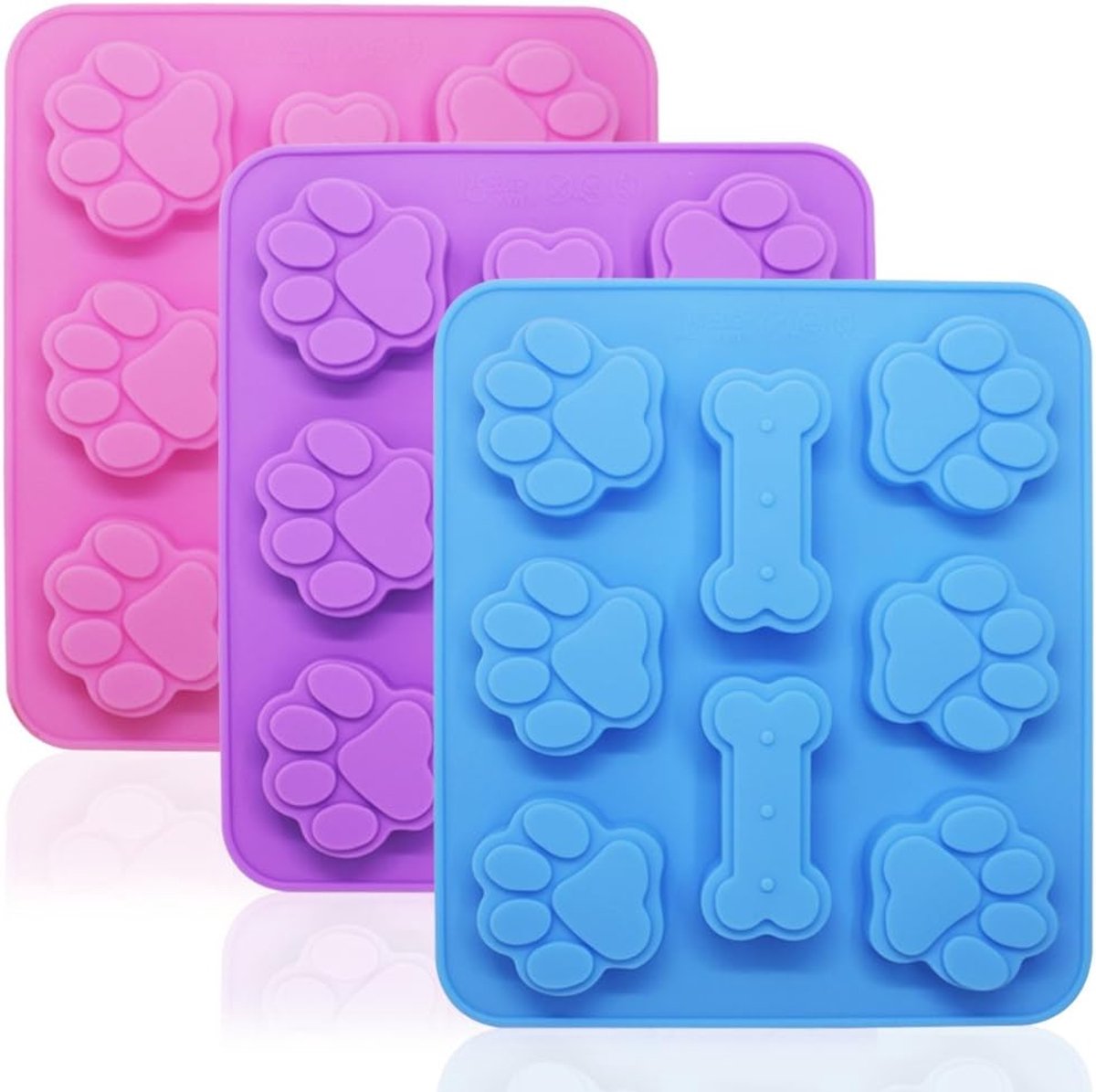 3 stuks siliconen mallen in de vorm van een puppyhondpoot en bot, 2-in-1, 8-holtes, herbruikbare ijsvormpjes, chocoladekoekjes, bakvormen, oven, magnetron, vriezer, vaatwasserbestendig - roze, blauw, paars