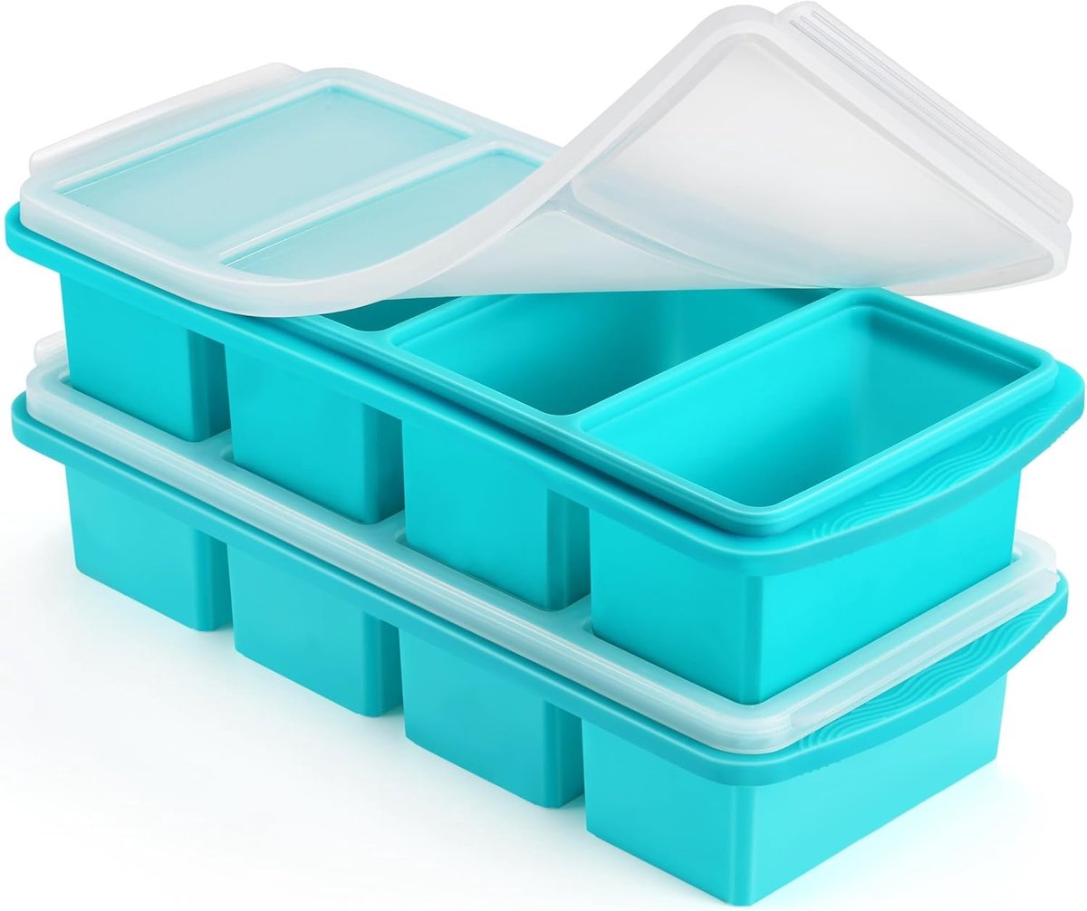 Siliconen diepvriesbak met deksel - 1 kopje siliconen diepvriesbak - grote ijsblokjesvormpjes - soep, saus, restjes, zelfgemaakte maaltijdvoorbereiding, invriescontainers voor de keuken - Aqua - 2-pack