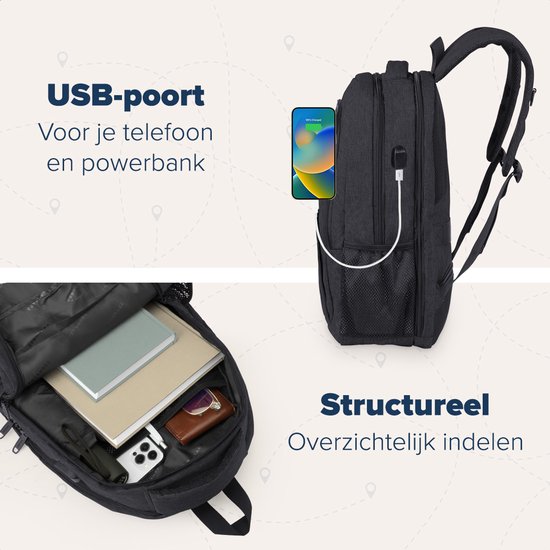 Zwarte rugzak met USB-poort en binnenkant. Tekst: "USB-poort", "Voor je telefoon en powerbank", "Structureel", "Overzichtelijk indelen".