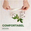 Handen tonen het dunne, absorberende ontwerp van een Always inlegkruisje, met katoenbollen. Tekst: COMFORTABEL DESIGN.