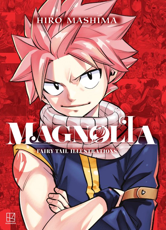 Illustratie van Natsu met roze haar, gekruiste armen en zijn iconische sjaal. Op de achtergrond veel kleine afbeeldingen van Fairy Tail personages.