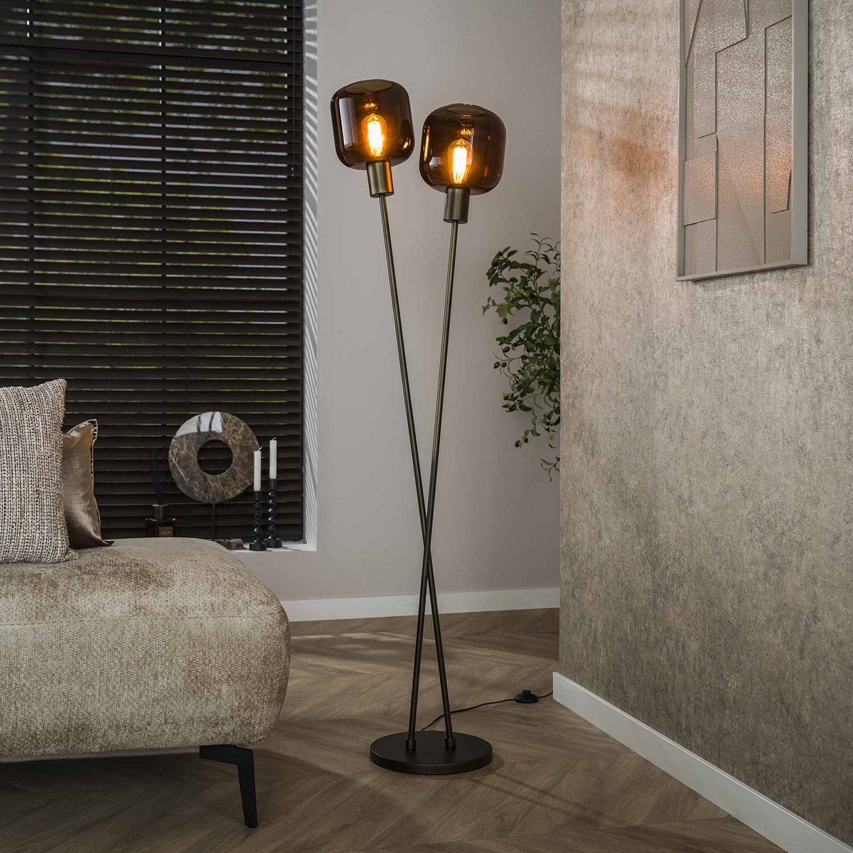 PS-Collection Vloerlamp Bronza 2L - Brons - Metaal/Glas - 46x30x167 cm - vloerlampen woonkamer, staanlamp, vloerlamp zwart, vloerlamp industrieel, vloer lamp, staande lampen woonkamer, staande lampen, staande lamp industrieel
