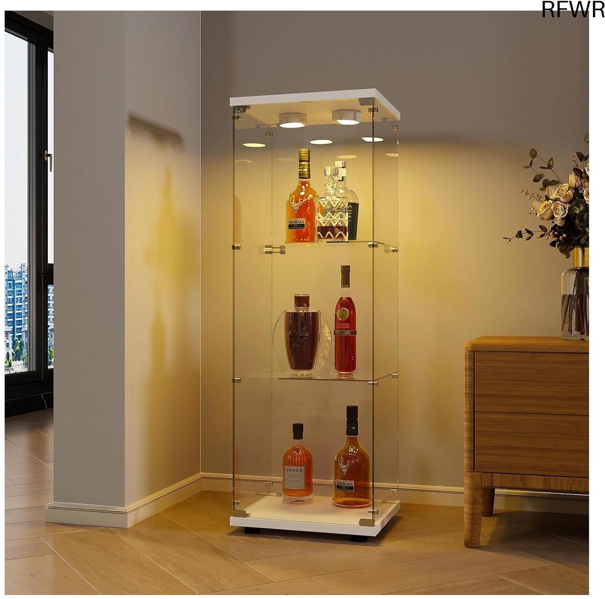 RFWR® Glazen vitrinekast met LED-verlichting en slot, 3-laags design voor woonkamer en kantoor, 125 x 42 x 36 cm