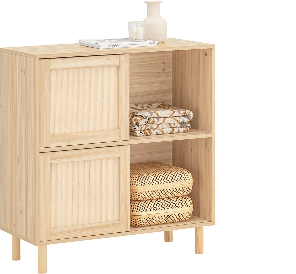 SoBuy FSB87-N Dressoir - Houten Buffetkast met 2 Schuifdeuren & Wieltjes Naturel