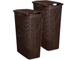 Plasticforte Smalle Wasmand met deksel Rotan - 2x - donkerbruin - gevlochten kunststof - 48 liter - 27 x 46 x 60 cm
