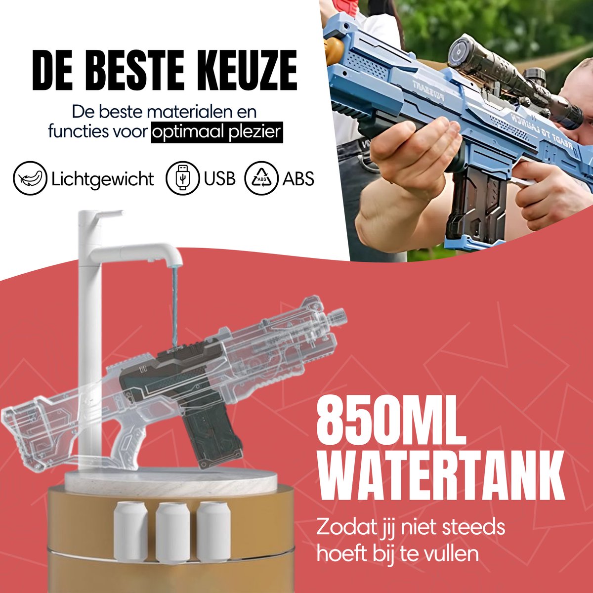 Modito Automatisch Waterpistool met Vizier Rood - Elektrisch Waterpistool - Watergeweer - Super Soaker - Watergun - Buitenspeelgoed — afbeelding 9
