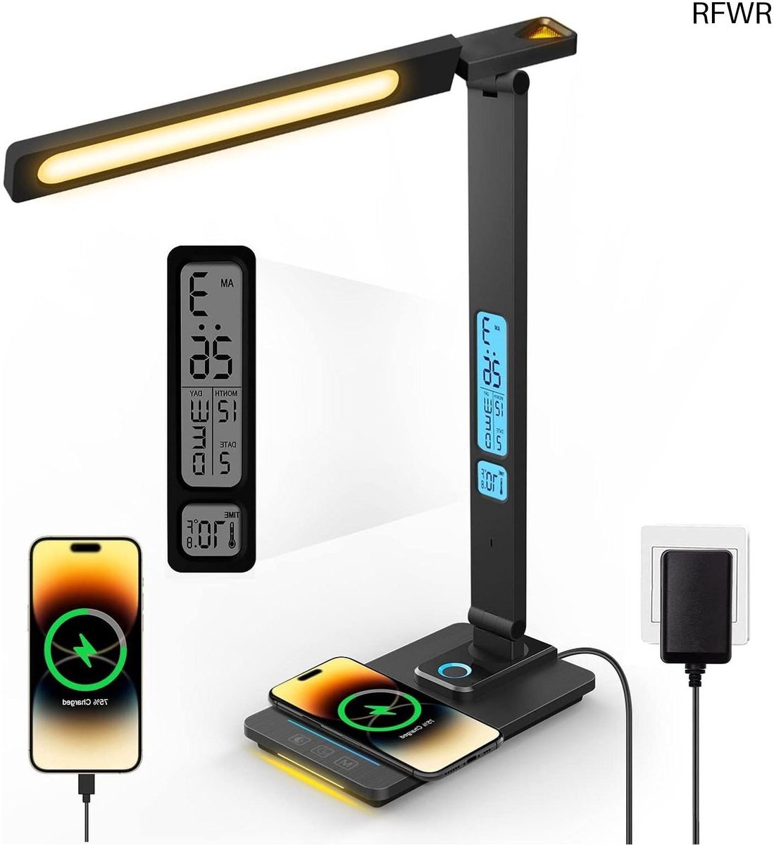 RFWR® Dimbare LED Bureaulamp met Draadloze Oplader en USB-oplaadpoort voor Kantoor en Slaapkamer