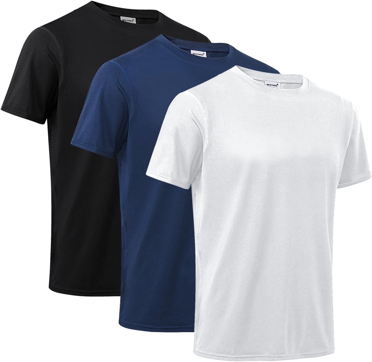 MEETYOO Sportshirt Heren - Hardloopshirt Korte Mouwen-3 Pack-(Zwart-Wit-Blauw)-S