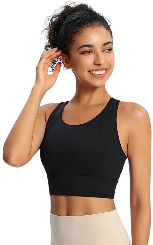 Foto: Coreshield sport bh met ingebouwde vulling high impact ondersteuning schokabsorberend push up sportbeha naadloze yoga top zwart maat s