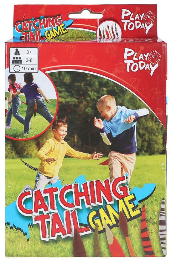 Verpakking van het 'Catching Tail Game' met afbeeldingen van spelende kinderen.