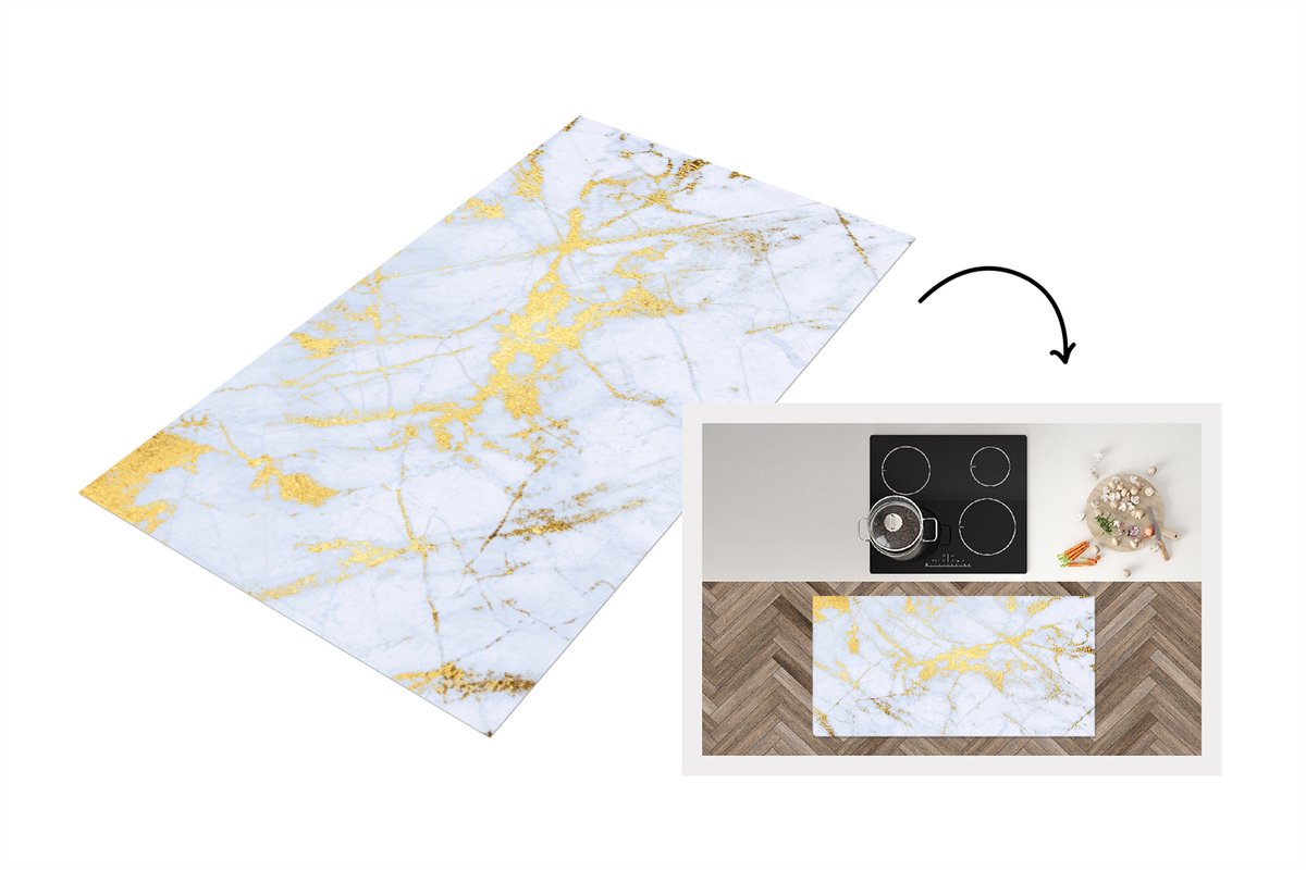 KitchenYeah Keukenloper 120x60 cm - Keukenmat vinyl Marmer - Goud - Wit - Luxe - Marmerlook - Glitter - Keukenmatten loper - Keuken vloerkleed tapijt