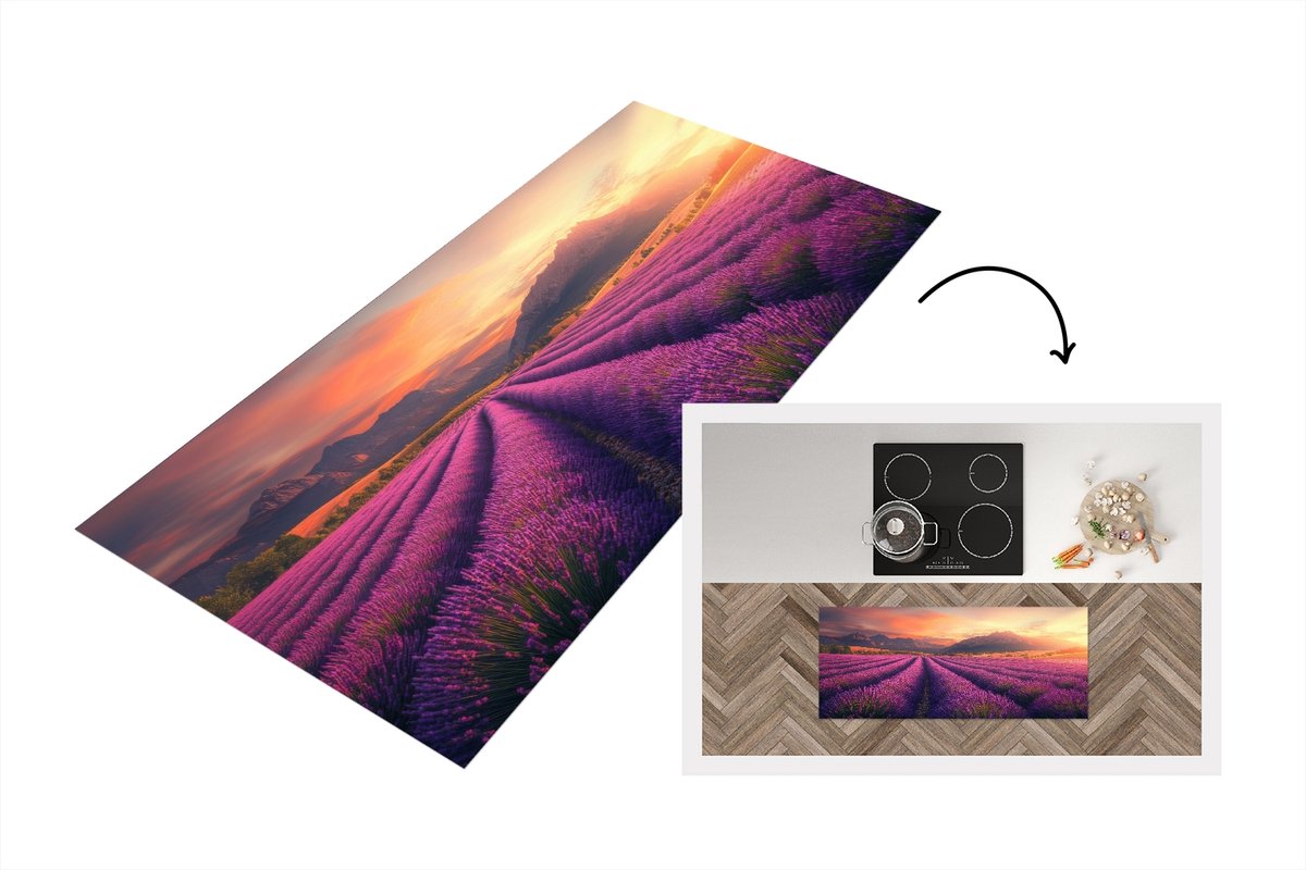KitchenYeah Keukenloper 120x50 cm - Keukenmat vinyl Lavendelveld - Zonsondergang - Paars - Keukenmatten loper - Keuken vloerkleed tapijt Bloemen - Lavendel