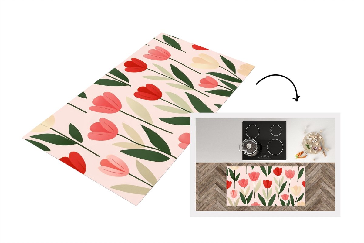 KitchenYeah Keukenloper 120x60 cm - Keukenmat vinyl Tulpen - Modern - Roze - Keukenmatten loper - Keuken vloerkleed tapijt Bloemen