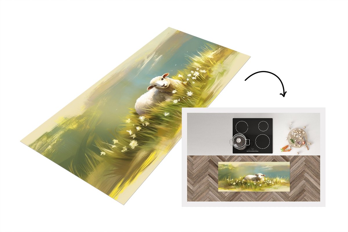 KitchenYeah Keukenloper 120x50 cm - Keukenmat vinyl Schaap - Weide - Groen - Keukenmatten loper - Keuken vloerkleed tapijt Landschap - Schaap
