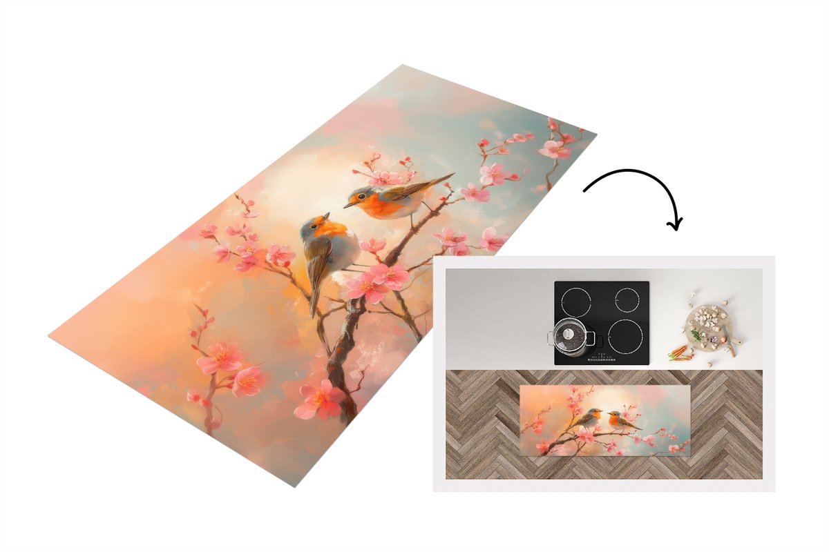 KitchenYeah Keukenloper 120x50 cm - Keukenmat vinyl Roodborstjes - Sierlijk - Bloesemtak - Keukenmatten loper - Keuken vloerkleed tapijt Vogels - Bloemen