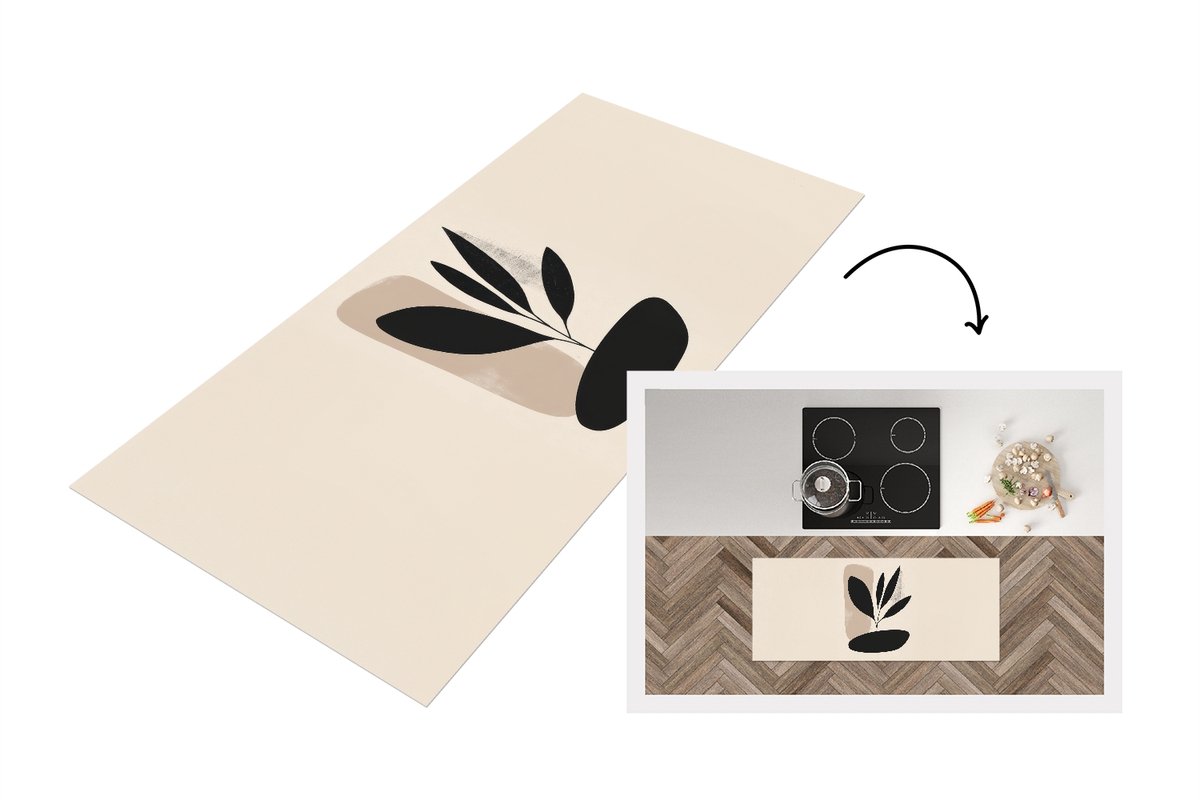 KitchenYeah Keukenloper 120x50 cm - Keukenmat vinyl Plant - Beige - Japandi - Keukenmatten loper - Keuken vloerkleed tapijt