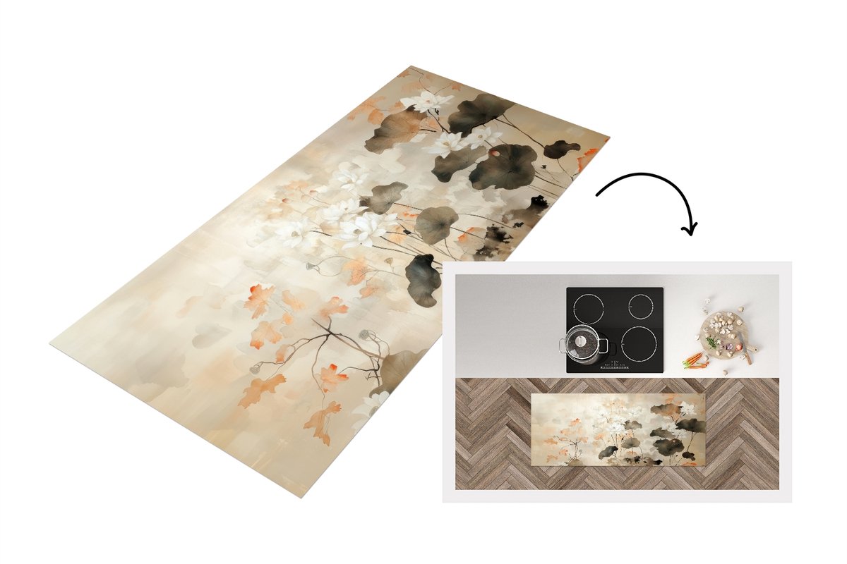 KitchenYeah Keukenloper 120x50 cm - Keukenmat vinyl Bloemen - Japandi - Wabi sabi - Keukenmatten loper - Keuken vloerkleed tapijt