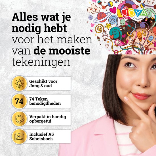 Jongere vrouw met speelse illustraties. Tekst "Alles wat je nodig hebt voor het maken van de mooiste tekeningen."