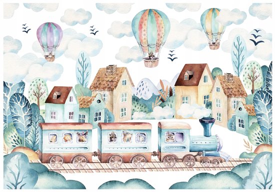 WALLARENA - Fotobehang - 400x280 cm - Scandinavisch kinderthema met trein en ballonnen