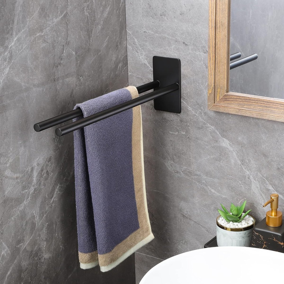 Handdoekrek Badkamer RVS - Handdoekhouder met Handdoekstang - Zonder Boren - Keuken of Badkamer - Badkamerrek - Handdoekenrek - Rek voor Handdoek - Zwart - Dubbele Staaf
