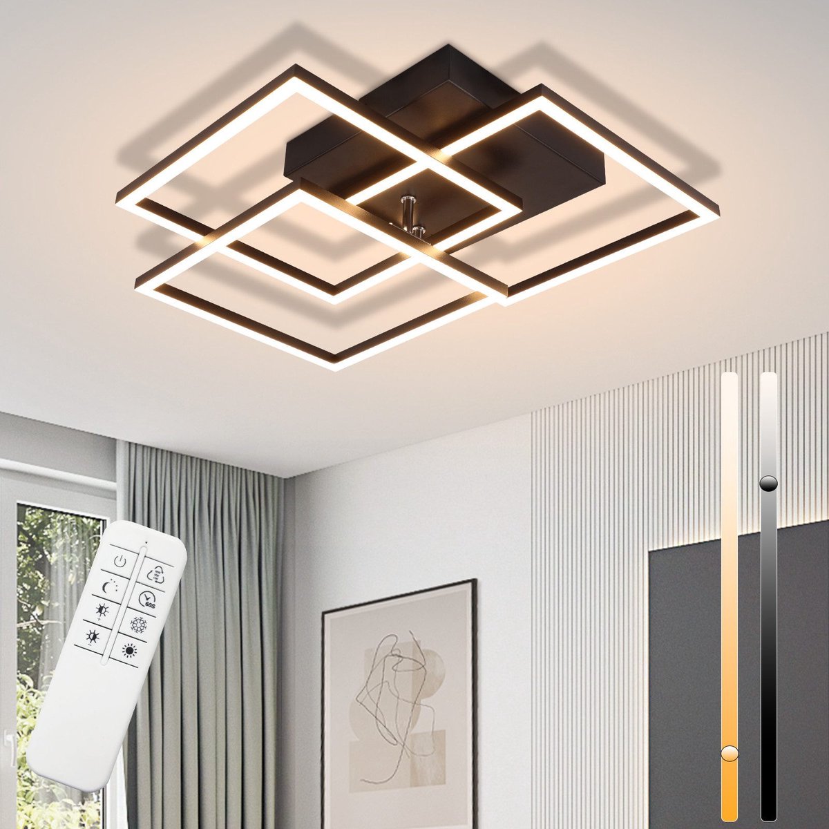 NETTLIFE Plafondlamp LED - Zwart - Vierkant - 3 Lichts - 3000-6500K Dimbaar - modern Woonkamerlamp - met afstandsbediening voor Slaapkamer | Keuken | Gang - 36W