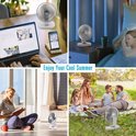 Collage van een witte tafelventilator in verschillende settings: kantoor, nachtkastje, woonkamer en picknick.