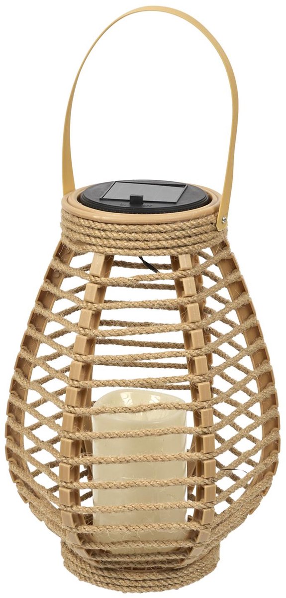 Home deco factory Zonnelantaarn tafellamp - Solar - rotan - 26,5 cm - kaarseffect - buiten en binnen - oplaadbaar door zon