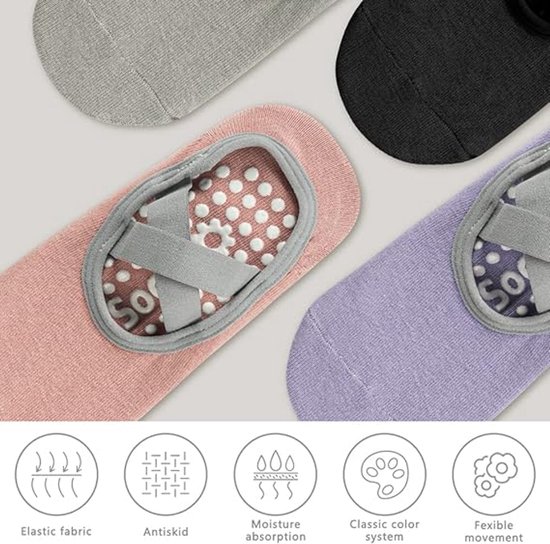 4 paar antislip yogasokken voor dames - yogasokken - pilatessokken - antislipsokken - balletsokken - katoen - dichte teen - grijs, roze, paars, zwart van Merkloos — afbeelding 5