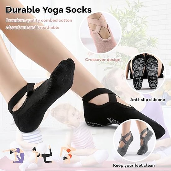 3 paar yogasokken - Pilatessokken - antislipsokken - sportsokken - balletsokken - voor yogapaal Pilates dans - zwart, donkergrijs en roze van Merkloos — afbeelding 3