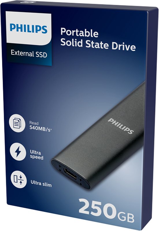 Philips Portable SSD 250 GB - SATA Ultra Speed ​​​​4K - USB 3.2 - Lecture jusqu'à 540 Mo/s - USB-C - Aluminium