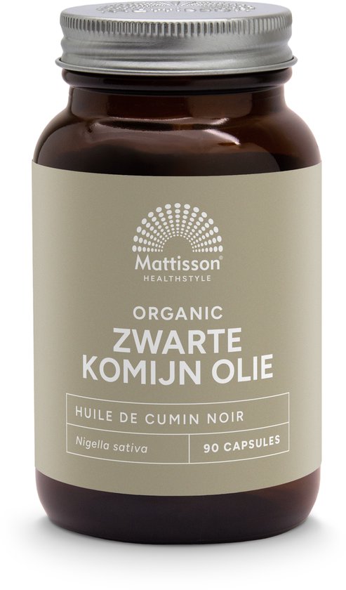 Bruine pot Mattisson met lichtbruine wikkel. Zwarte komijn olie, Nigella sativa, 90 capsules.