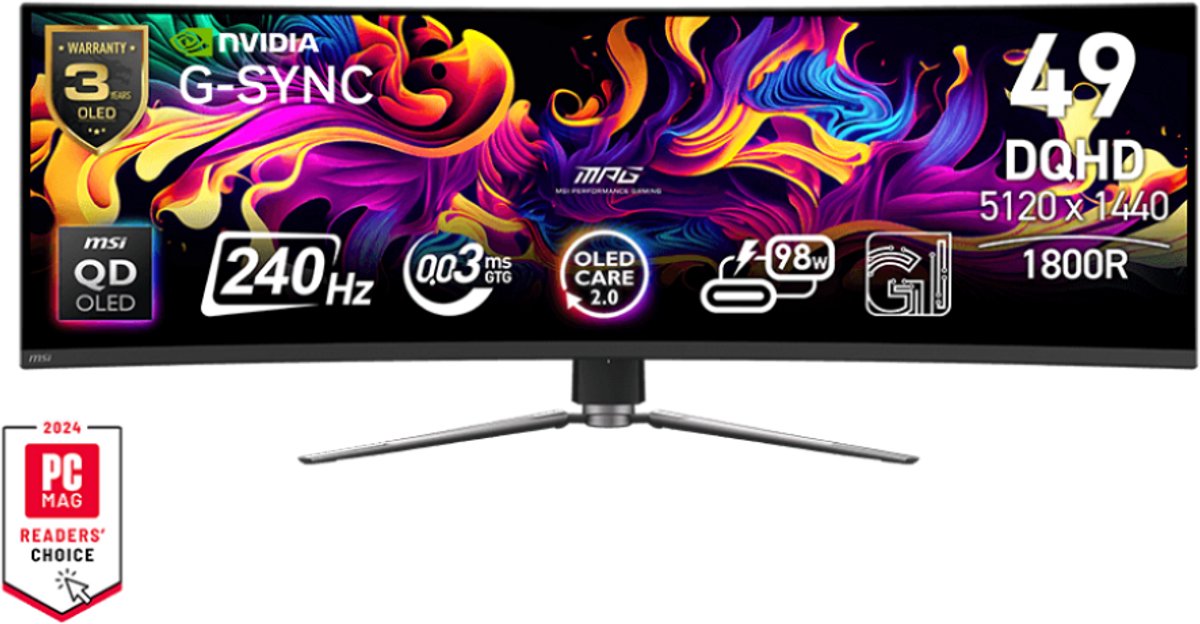 MSI MPG 491CQPX QD-OLED - QD-OLED Curved Ultrawide Gaming Monitor - 240 Hz - 0.03 ms - USB-C PD 98W - MSI - €849,00