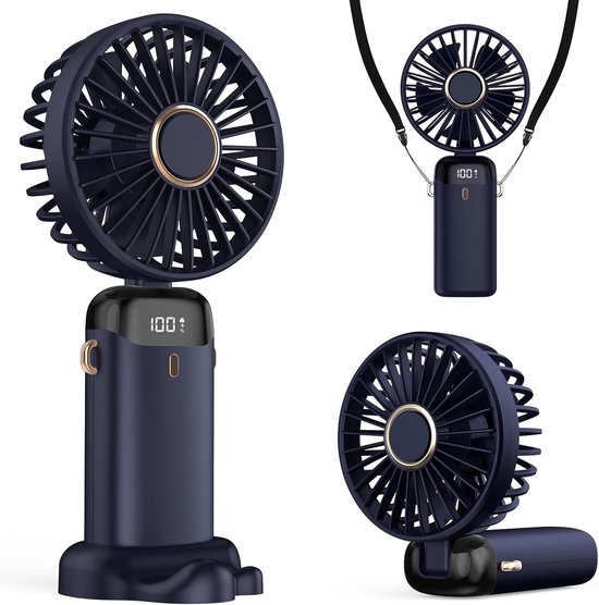 Draagbare oplaadbare handventilator 5 snelheden USB-C mini fan LED-display aromatherapie donkerblauw