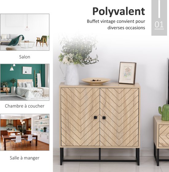 Een houten kast met visgraatpatroon op de deuren, met metalen poten. De kast toont het interieur met opbergplanken.