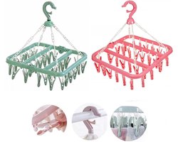 Sock Drying Rack 2PCS Clips Plastic 32 Peg Foldable Indoor Dryer Wind-proof Clothes Hanger Hanging for Socks Underwear Shoe Insoles Baby Clothes Gloves (PinkGreen)