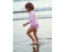 Joya Kids® Badpak Lange Mouw Lila, Roze en Wit Geblokt met Ruches en Strikjes Meisjes | Zwempak met ruches UV Badpak Lila en Roze | Zwempak Lange Mouw UV Bescherming Blokjes | Meisje Bikini Zomer | Kinderbadpak Peuter |