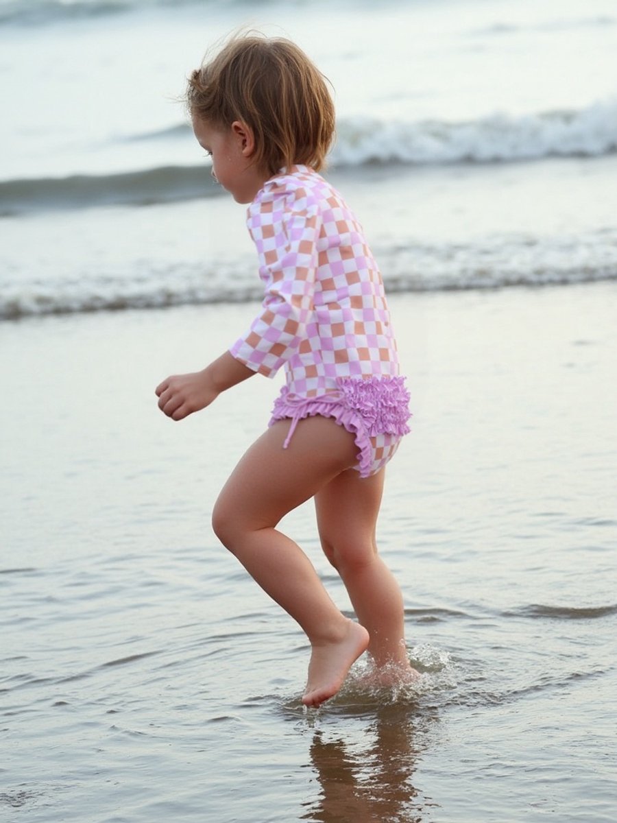 Joya Kids® Badpak Lange Mouw Lila, Roze en Wit Geblokt met Ruches en Strikjes Meisjes | Zwempak met ruches UV Badpak Lila en Roze | Zwempak Lange Mouw UV Bescherming Blokjes | Meisje Bikini Zomer | Kinderbadpak Peuter | — afbeelding 2