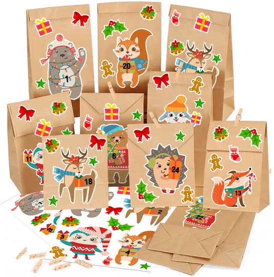 TRANKIELO® - Adventskalender om Zelf te Vullen – DIY Cadeauzakjes – Papieren Zakjes voor Kinderen – Kerstthema