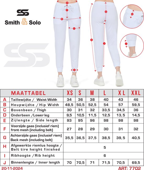 Maattabel voor witte joggingbroek met details.