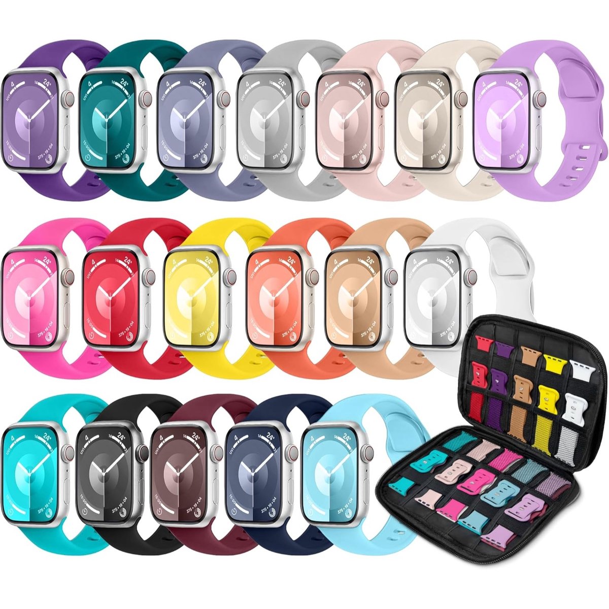 StayPowered Sportbanden Set - 18-delige Luxe Silicone Armband Collectie - Waterbestendig - Zweetproof - Comfortabele Pasvorm - Opslagdoos Inclusief - Compatibel met Apple Watch Series 3 t-m 10 - Multicolor - Levering Sneller dan Aangegeven!